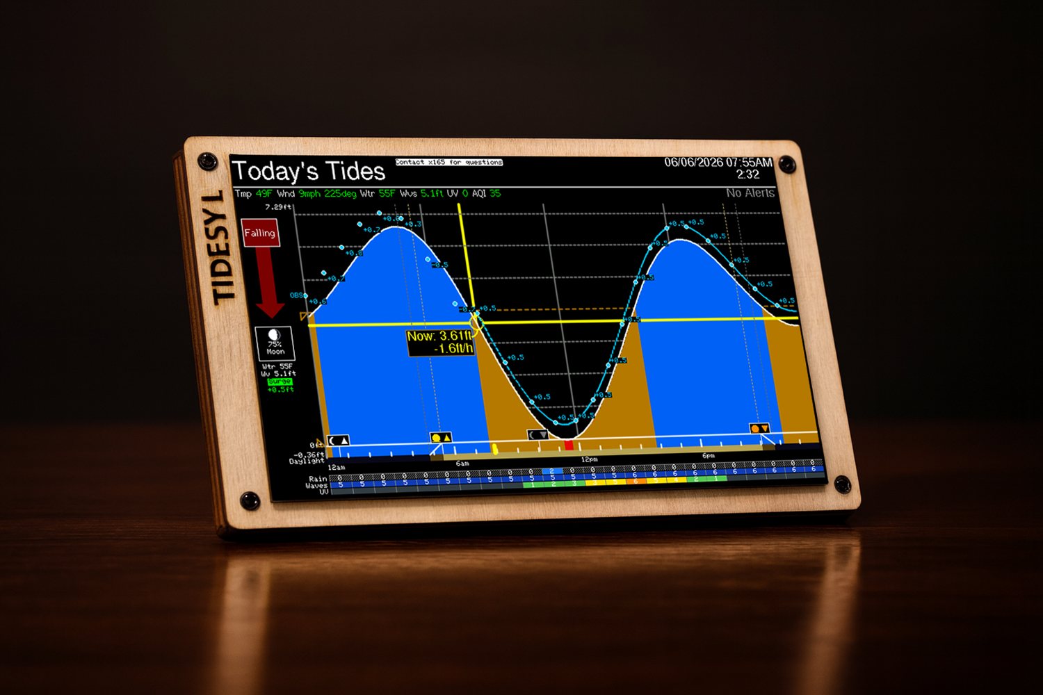 A Driftwood device in a wooden frame showing today's tide curve