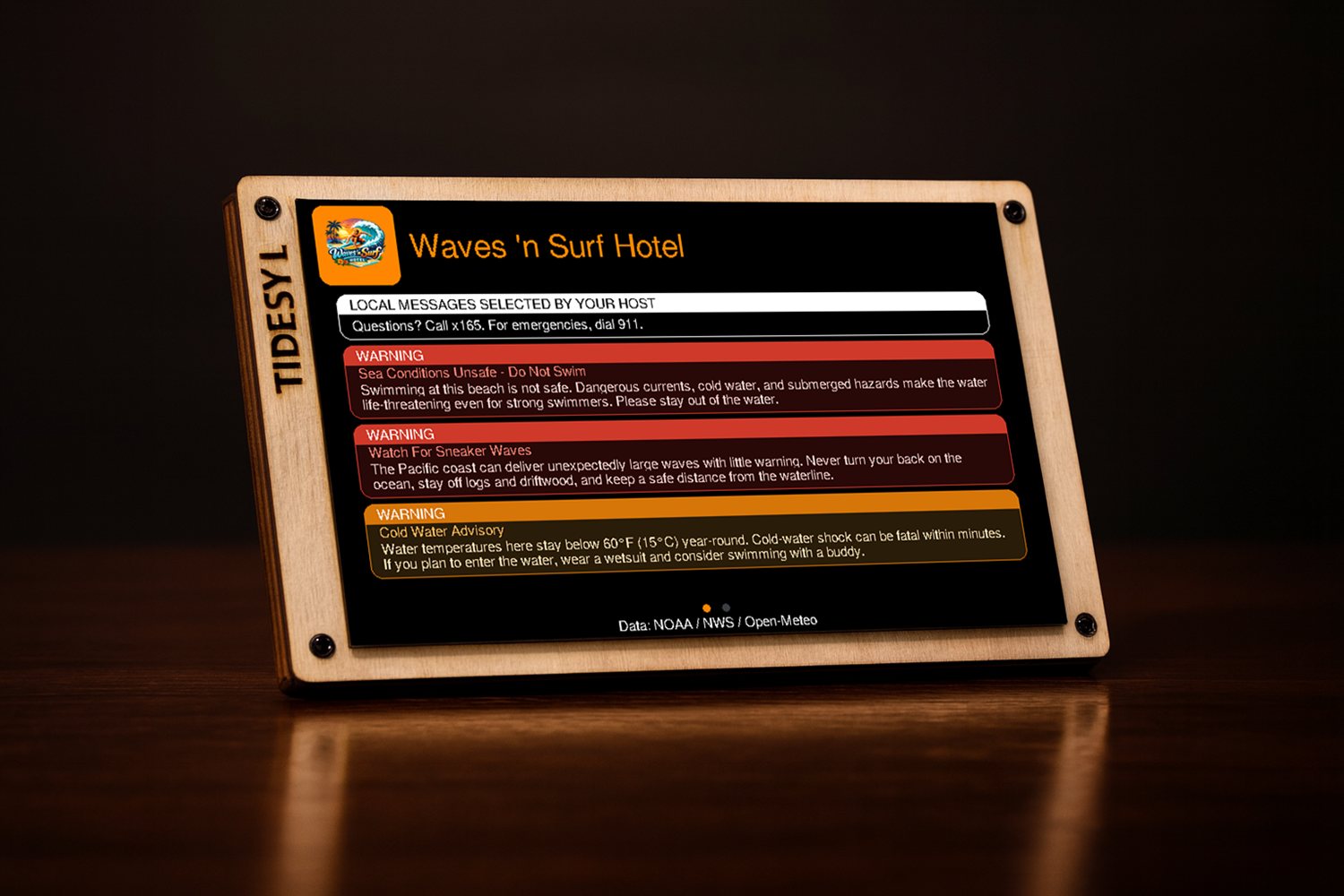 Driftwood device showing host-selected warnings: submerged hazards, sneaker waves, cold water
